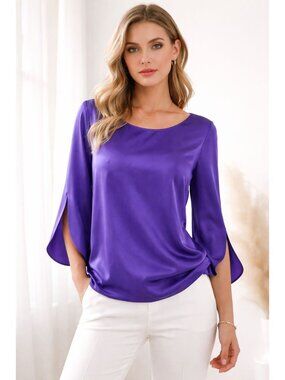 Talbots 100% Silk Purple Slit Sleeve Soft Satin Charmeuse Top Size 6 Elegant